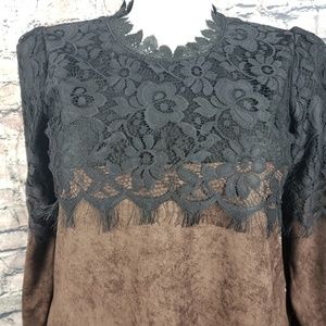 Hibiscus Pizza Tops - Faux Chocolate Leather and Black Lace Tunic, Large Hibiscus Pizza Tops - Faux Chocolate Leather and Black Lace Tunic, Large